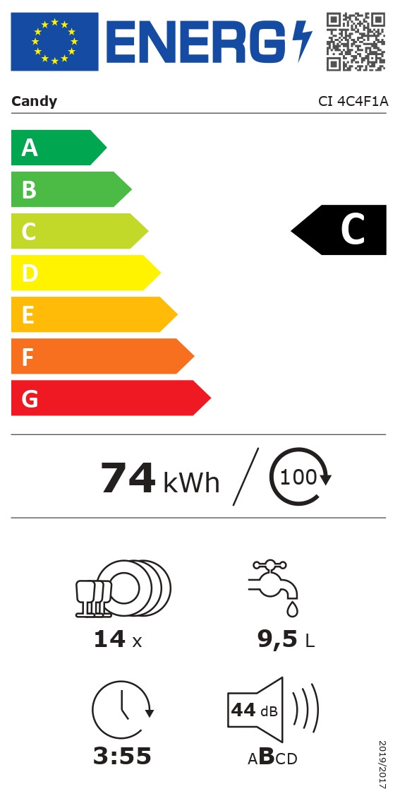 Candy Dishwasher | CI 4C4F1A | Built-in | Width 60 cm | Number of place settings 14 | Number of programs 8 | Energy efficiency class C | Display