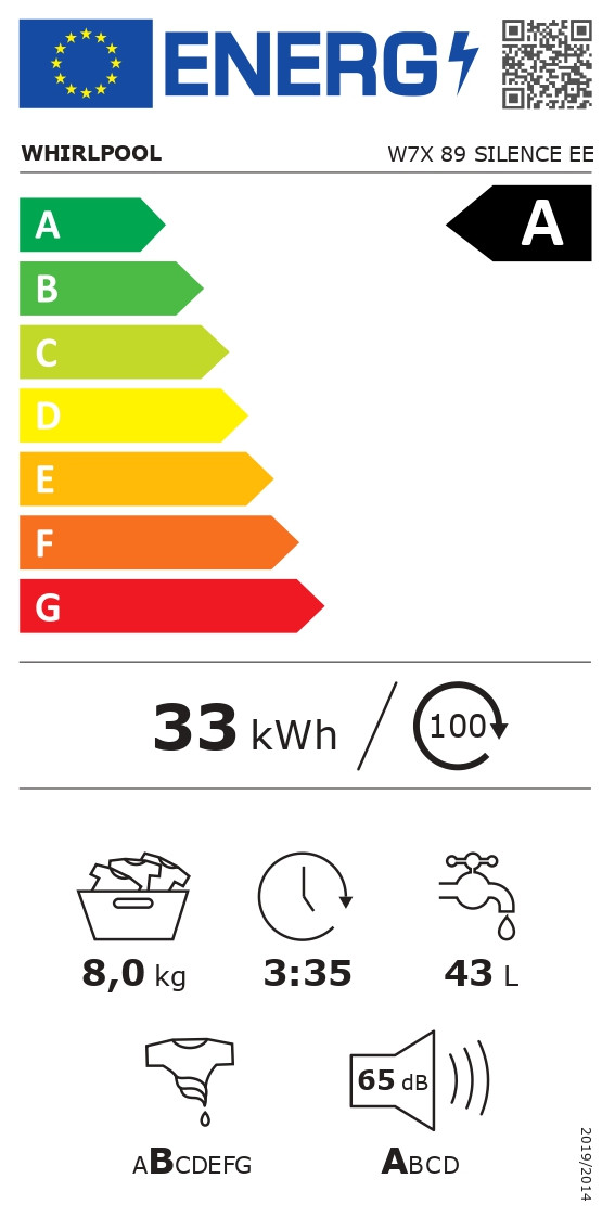 Whirlpool Washing machine | W7X 89 SILENCE EE | Energy efficiency class A | Front loading | Washing capacity 8 kg | 1400 RPM | Depth 61 cm | Width 60 cm | Display | LCD | White