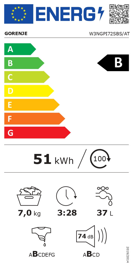 Gorenje Washing machine | W3NGPI72SBS | Energy efficiency class B | Front loading | Washing capacity 7 kg | 1200 RPM | Depth 43.5 cm | Width 59.5 cm | Display | LCD | Steam function