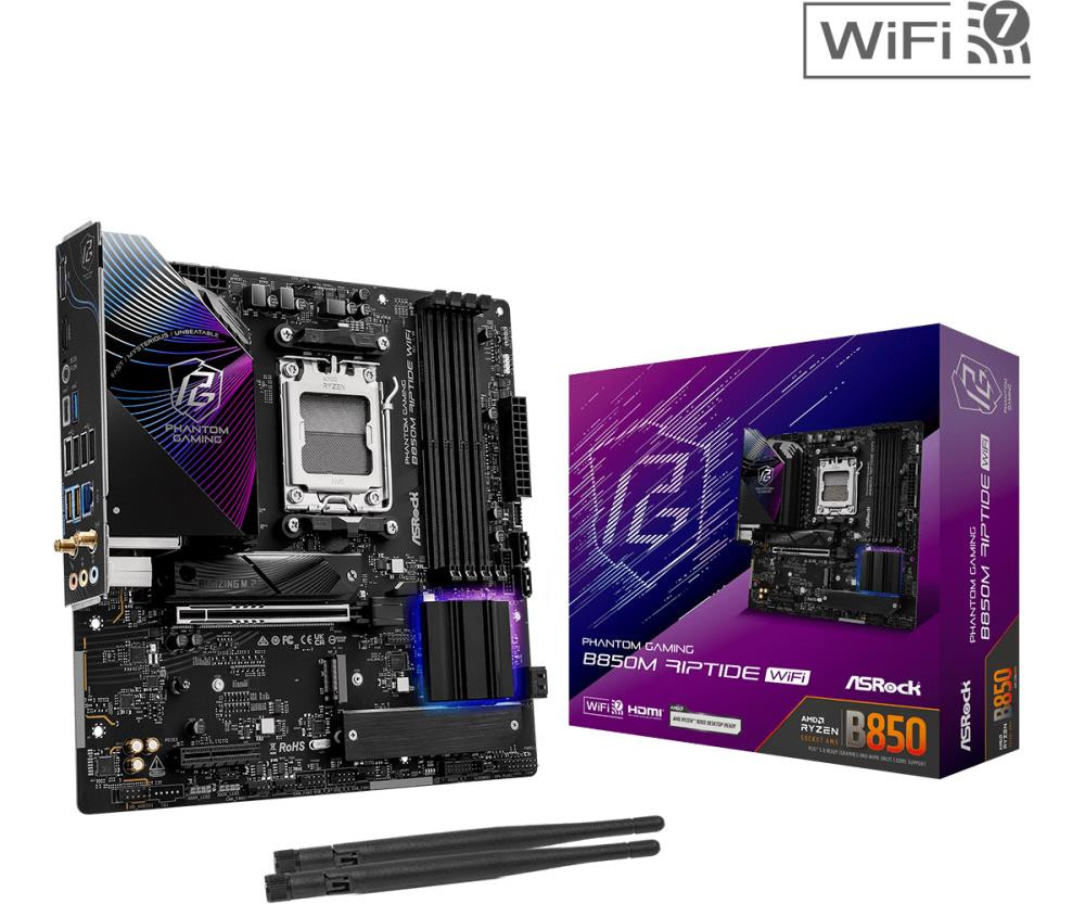 Mainboard|ASROCK|AMD B850|SAM5|Micro-ATX|Memory DDR5|Memory slots 4|1xHDMI|1xDisplayPort|1xAudio-In|1xAudio-Out|1xMicrophone|4xUSB 2.0|3xUSB 3.2|1xUSB-C|1xRJ45|B850MRIPTIDEWIFI