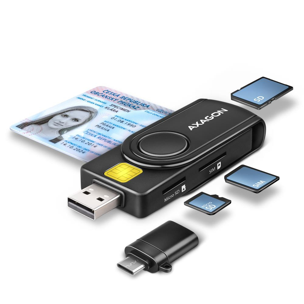 Axagon CRE-SMP2A USB Smart card & SD/microSD/SIM PocketReader kiipkaardilugeja Hoonesisene USB 2.0 Must
