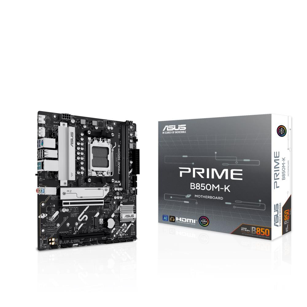 Mainboard|ASUS|AMD B850|SAM5|Micro-ATX|Memory DDR5|Memory slots 2|1xPCI-Express 4.0 16x|1xPCI-Express 5.0 16x|2xM.2|1xHDMI|1xDisplayPort|4xUSB 2.0|4xUSB 3.2|1xPS/2|3xAudio port|PRIMEB850M-K