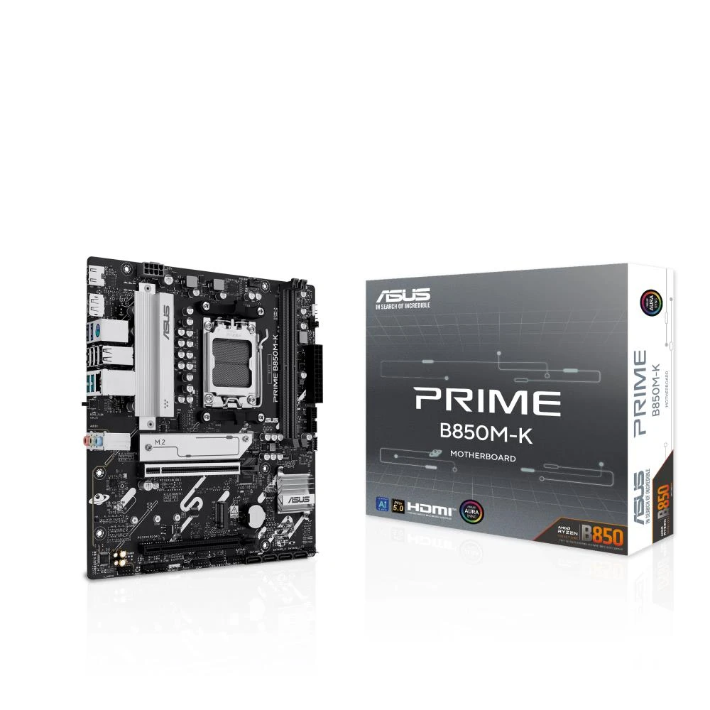 Mainboard|ASUS|AMD B850|SAM5|Micro-ATX|Memory DDR5|Memory slots 2|1xPCI-Express 4.0 16x|1xPCI-Express 5.0 16x|2xM.2|1xHDMI|1xDisplayPort|4xUSB 2.0|4xUSB 3.2|1xPS/2|3xAudio port|PRIMEB850M-K
