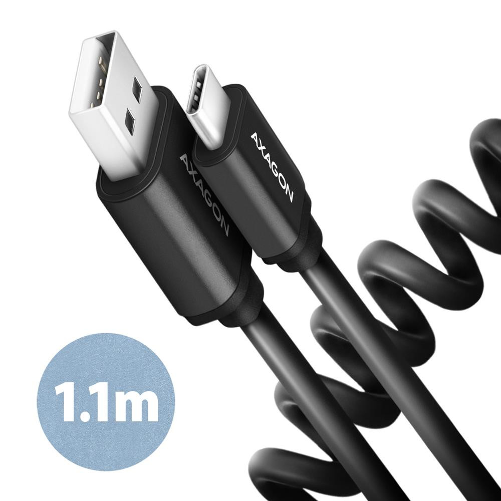 Axagon Data and charging USB 2.0 cable length 1.1 m. 3A. Black twisted. USB-kaabel 1,1 m USB A USB C Must