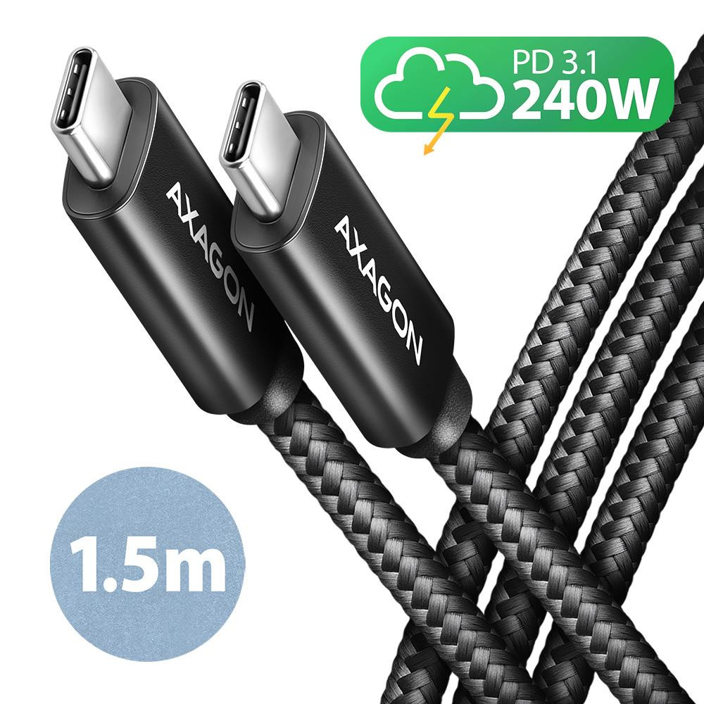 Axagon BUCM2-CM15AB Ladekabel USB-C zu USB-C 2.0, 1,5 m, PD 240 W 5 A, ALU - Schwarz - 1,5 Meter langes USB-C zu USB-C Kabel USB-kaabel USB 2.0 USB C Must