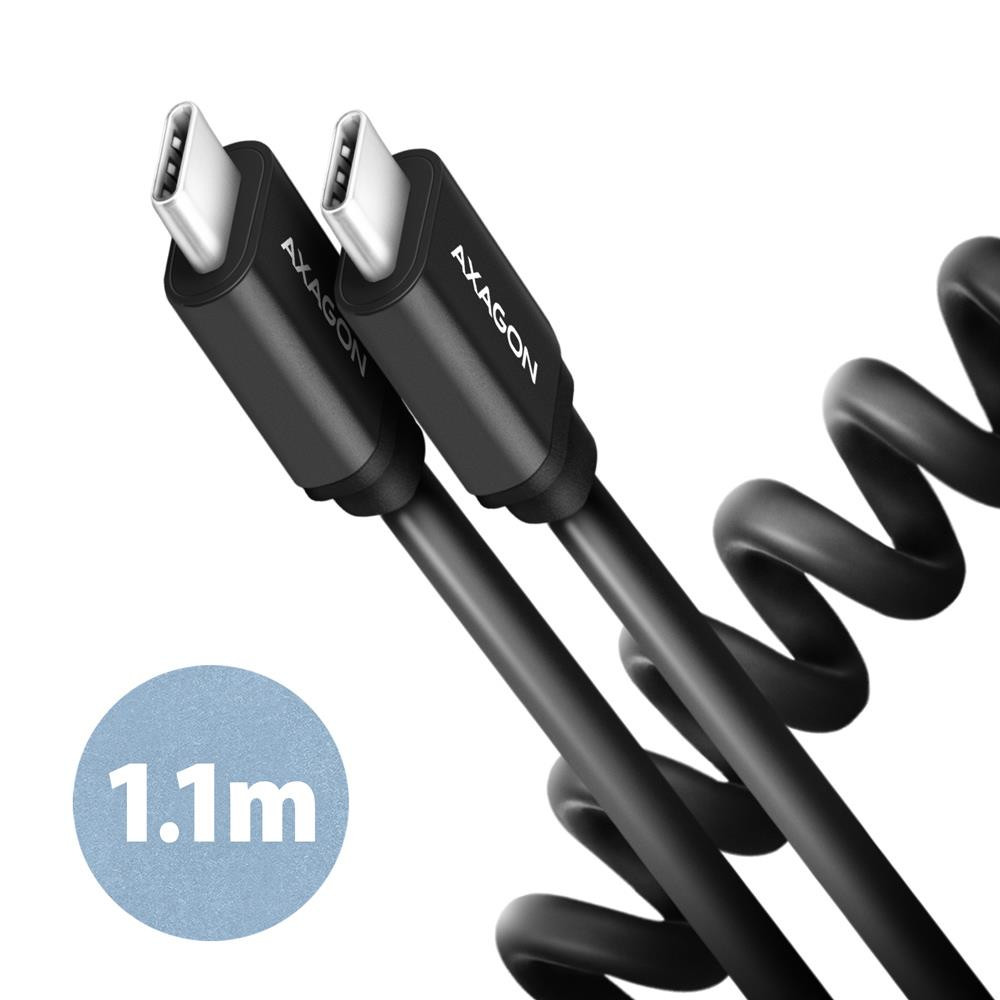 Axagon Data and charging USB 2.0 cable 1.1 m long. PD 60W, 3A. Black twisted. USB-kaabel 1,1 m USB C Must
