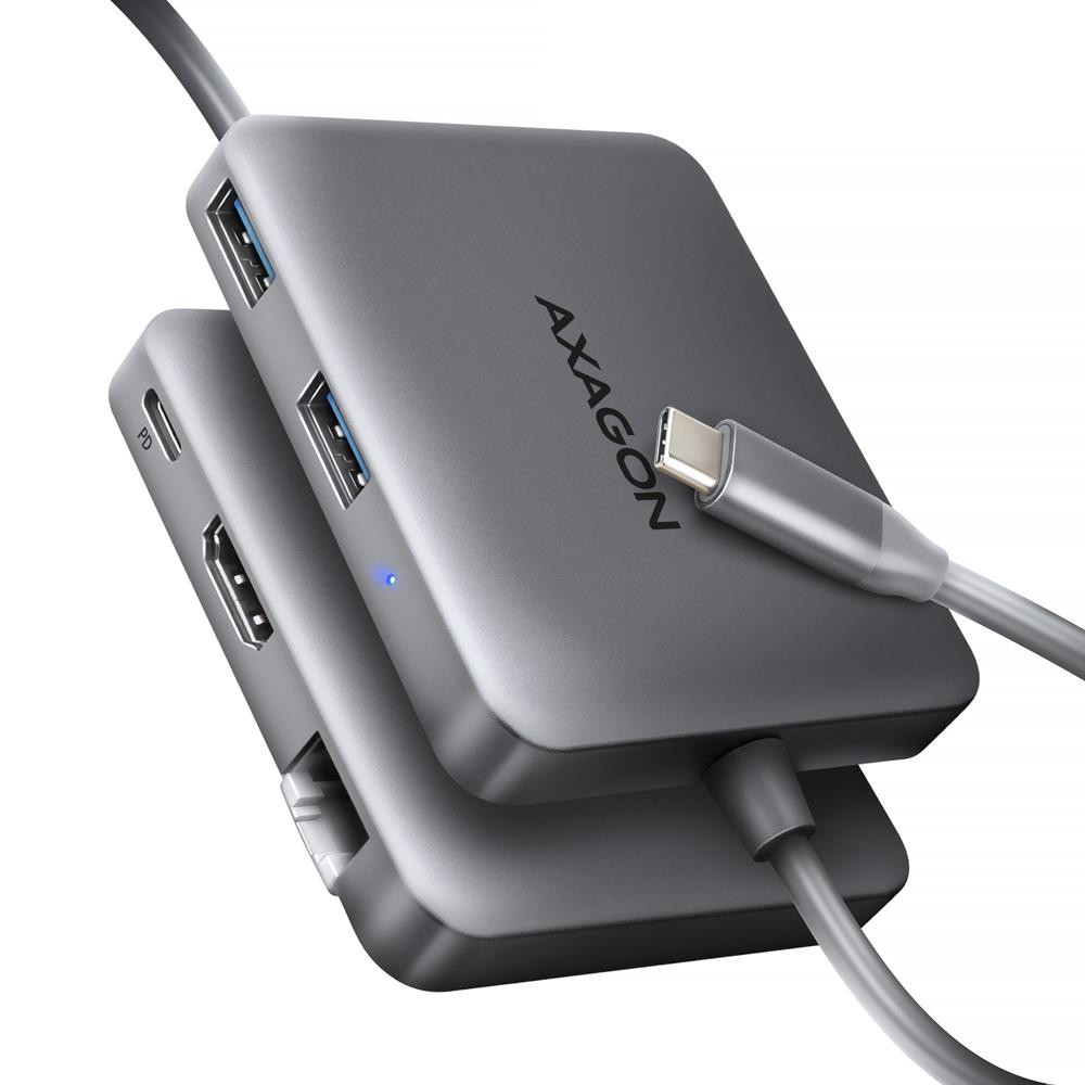 Axagon N HMC-5HL USB 5Gbps hub 2x USB-A HDMI 4k/60Hz RJ-45 GLAN PD 100W kabel USB-C Juhtmega ühendatud USB 3.2 Gen 1 (3.1 Gen 1) Type-C Hõbe