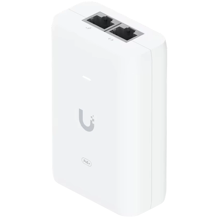 Ubiquiti U-POE+ adapter 30W, powers UniFi PoE+ devices, reduce dependency on PoE switch power, Contains RJ45 data input, AC cable with earth ground, and PoE+ output