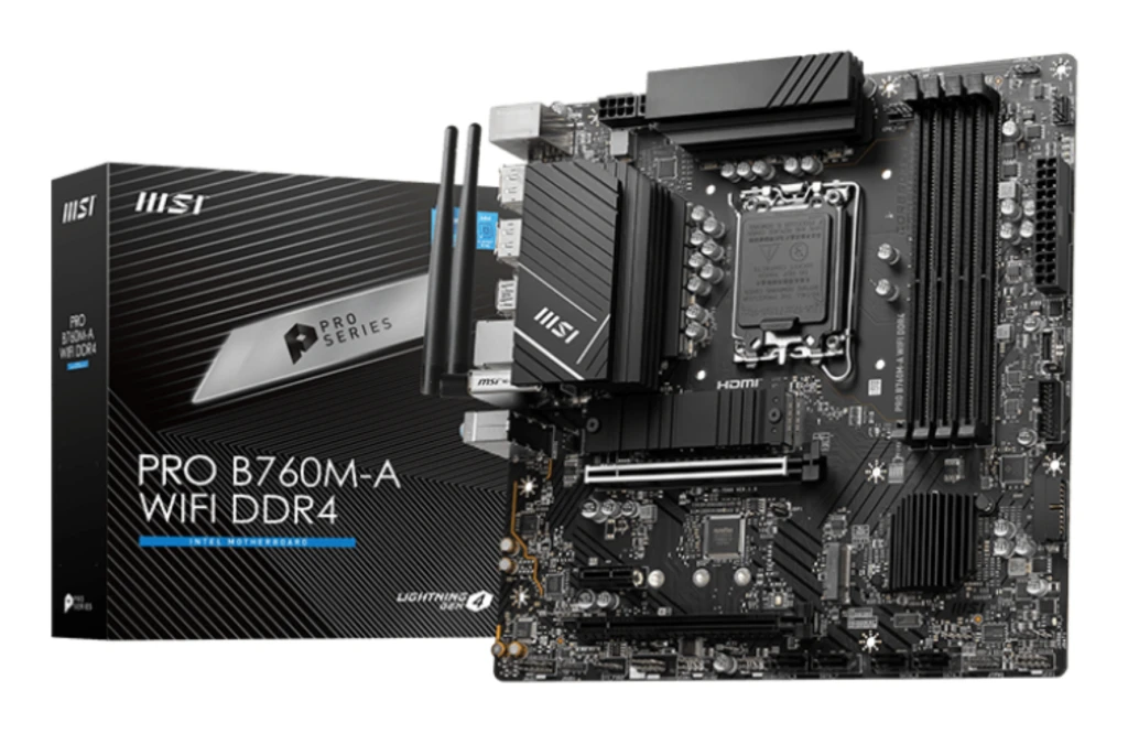 MSI | PRO B760M-A WIFI DDR4 | Processor family Intel | Processor socket LGA1700 | DDR4 | Supported hard disk drive interfaces SATA, M.2 | Number of SATA connectors 4