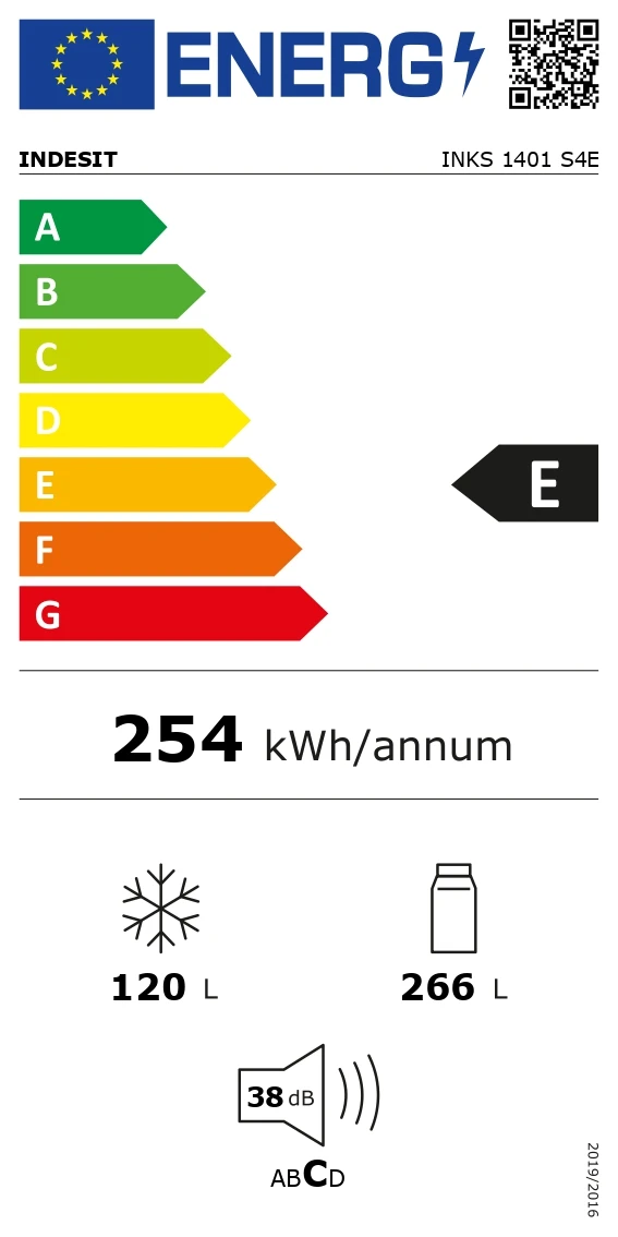 INDESIT INKS 1401 S4E | Energy efficiency class E | Free standing | Combi | Height 202.5 cm | Fridge net capacity 266 L | Freezer net capacity 120 L | 38 dB | Silver