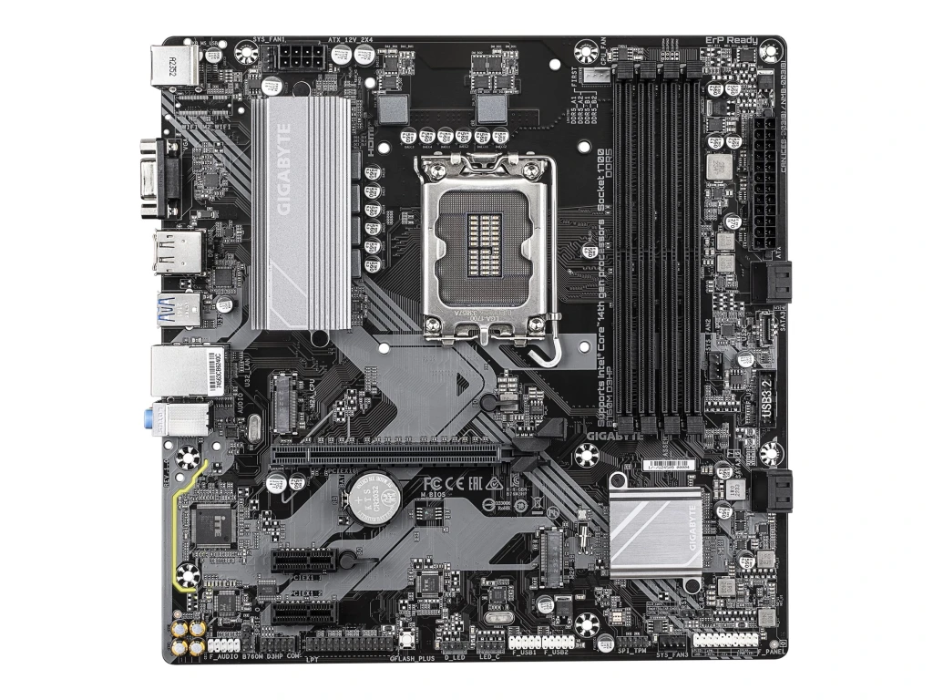 Gigabyte B760M D3HP | Processor family Intel | Processor socket LGA1700 | DDR5 | Supported hard disk drive interfaces M.2, SATA | Number of SATA connectors 4