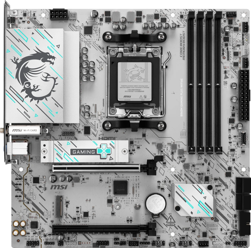 MSI B840M GAMING PLUS WIFI6E | Processor family AMD | Processor socket AM5 | DDR5 | Supported hard disk drive interfaces SATA, M.2 | Number of SATA connectors 4