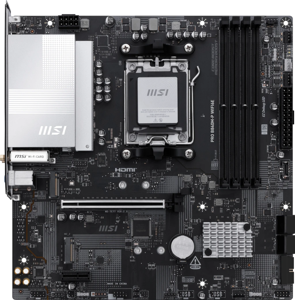 MSI PRO B840M-P WIFI6E | Processor family AMD | Processor socket AM5 | DDR5 | Supported hard disk drive interfaces SATA, M.2 | Number of SATA connectors 4