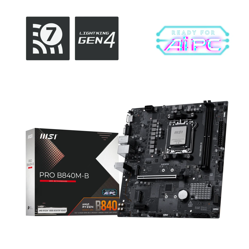 MSI PRO B840M-B | Processor family AMD | Processor socket AM5 | Supported hard disk drive interfaces SATA, M.2 | Number of SATA connectors 4