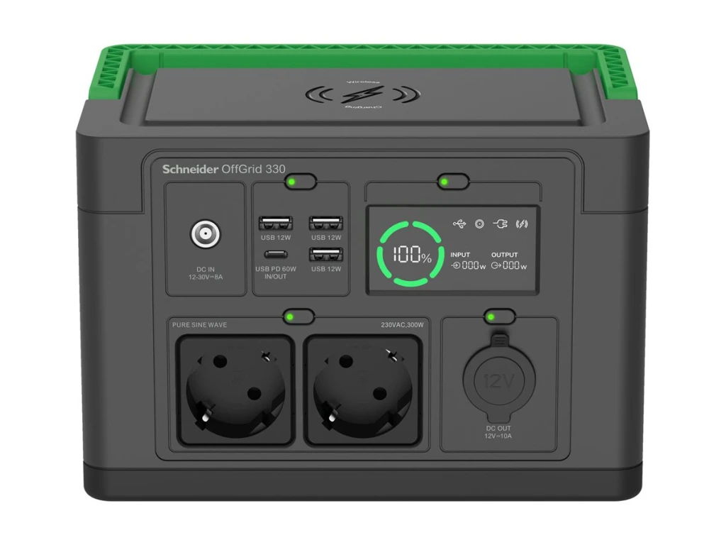 APC OffGrid Portable Power Station 330, 230V, 332Wh Lithium-ion, LCD, 2 CEE 7/3 Schuko outlets, Sinewave, 3 USB-A, 1 USB-C, Wireless Charger | Schneider Electric