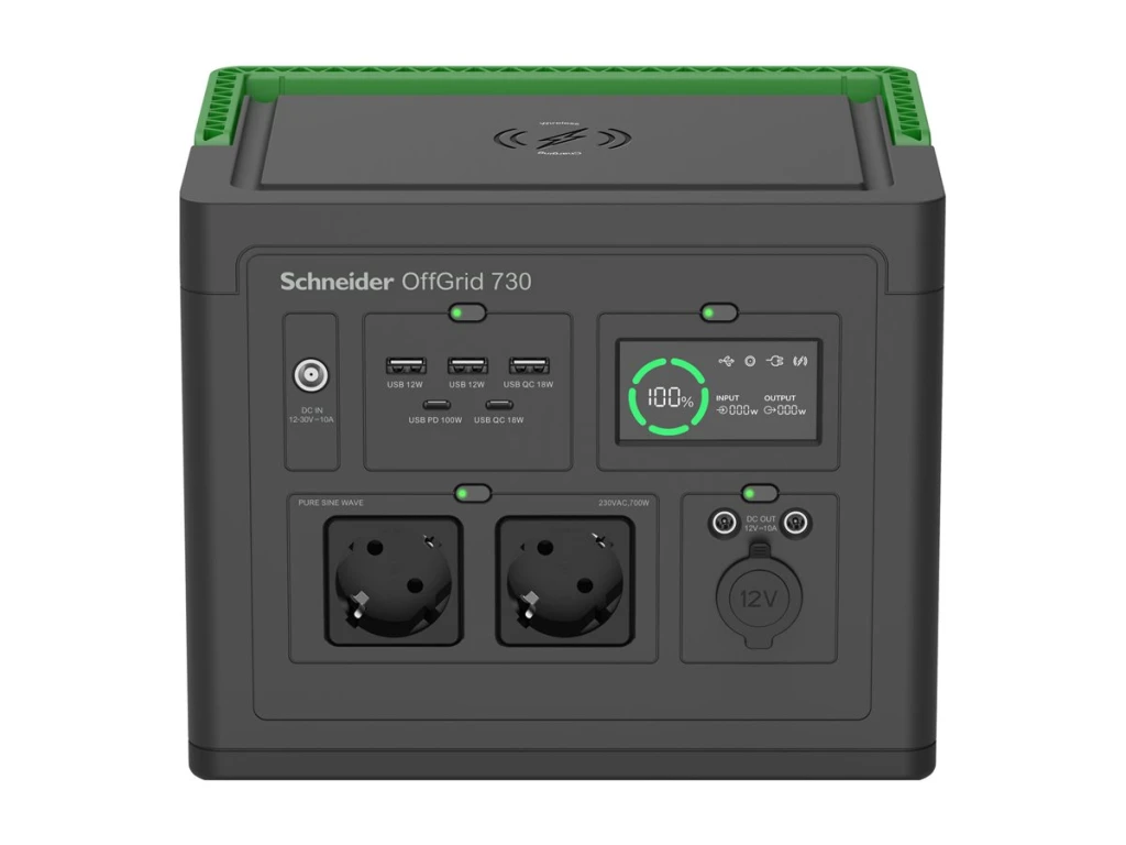 APC OffGrid Portable Power Station 730, 738Wh Lithium-ion, LCD, 2 CEE 7/3 Schuko outlets, Sinewave, 3 USB-A, 2 USB-C, Wireless Charger | Schneider Electric