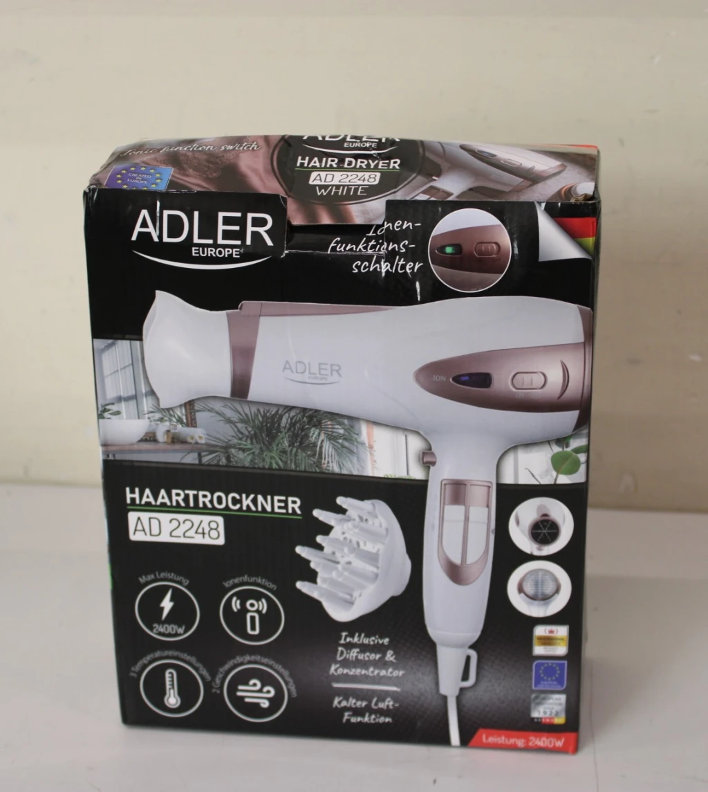 SALE OUT. Adler AD 2248 Hair Dryer, 2400 W, 2 speed settings, 3 temp settings, White | Adler Hair Dryer | AD 2248 | 2400 W | Number of temperature settings 3 | Ionic function | Diffuser nozzle | White | DAMAGED PACKAGING