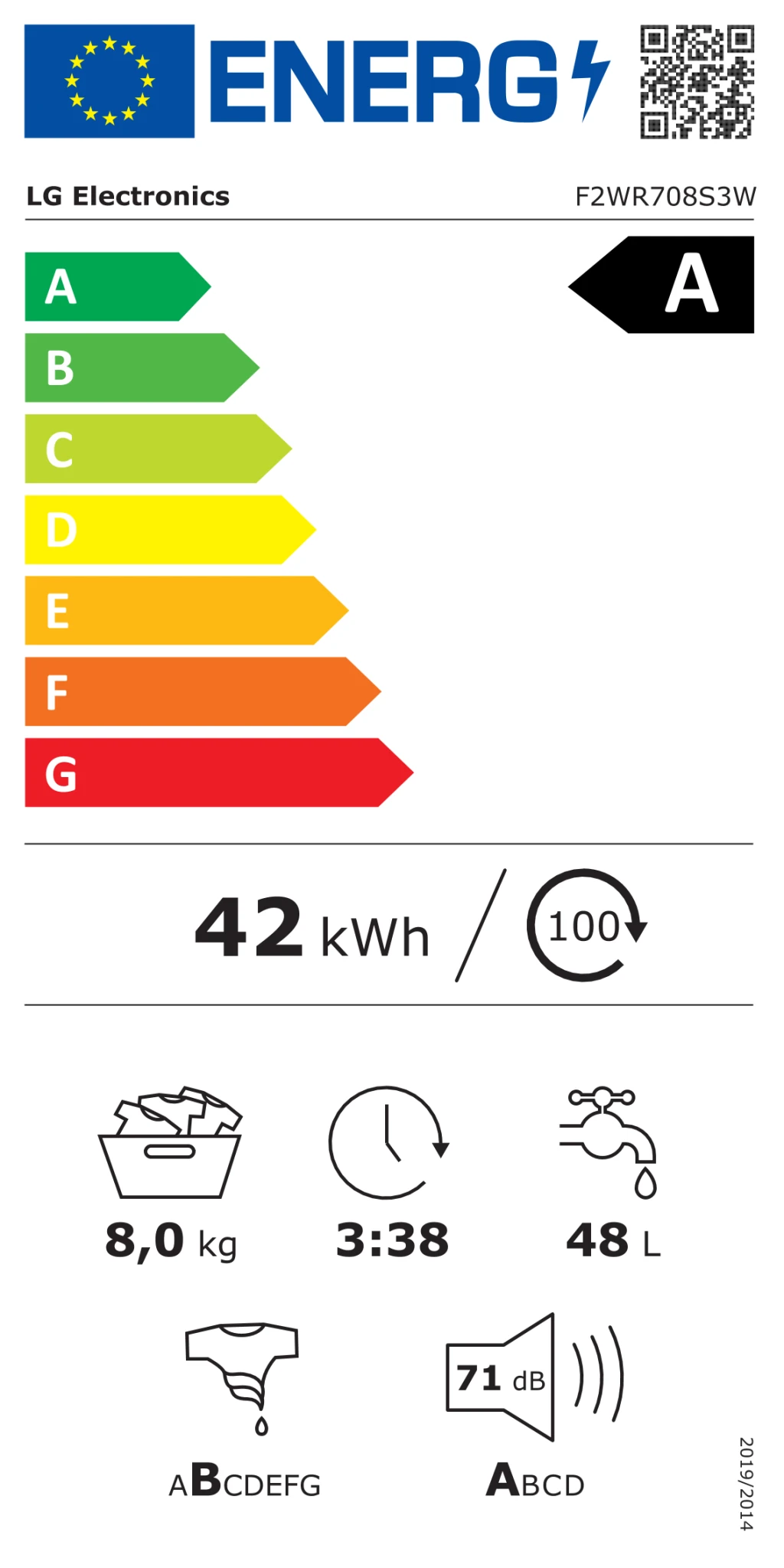 LG F2WR508SBM Washing machine, A, Front loading, Washing capacity 8 kg, Depth 47.5 cm, 1200 RPM, White | LG