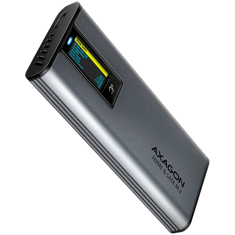 AXAGON EEM2-SD2 USB-C 3.2 Gen 2 - M.2 NVMe / SATA SSD 30-80mm ALU box grey, LCD display