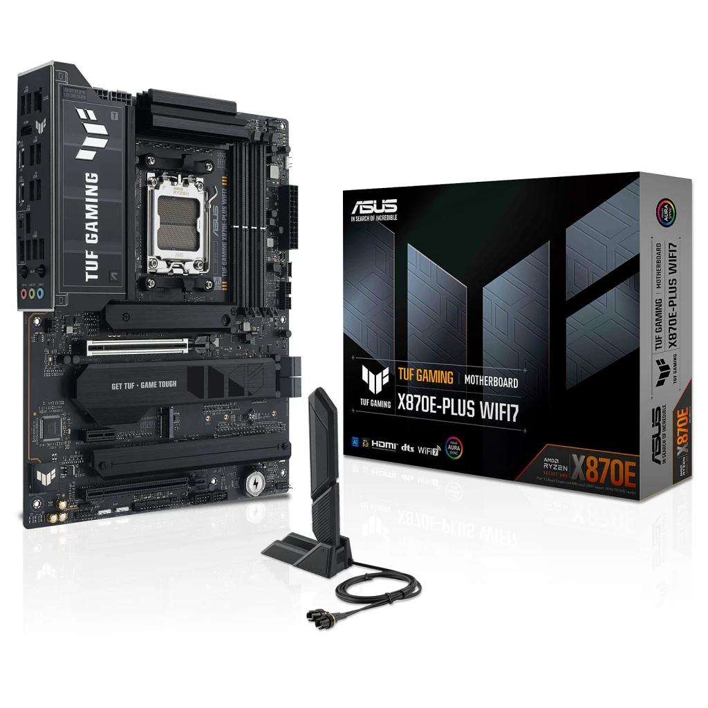 Asus TUF GAMING X870E-PLUS WIFI7 | Processor family AMD | Processor socket AM5 | DDR5 | Supported hard disk drive interfaces SATA, M.2 | Number of SATA connectors 4