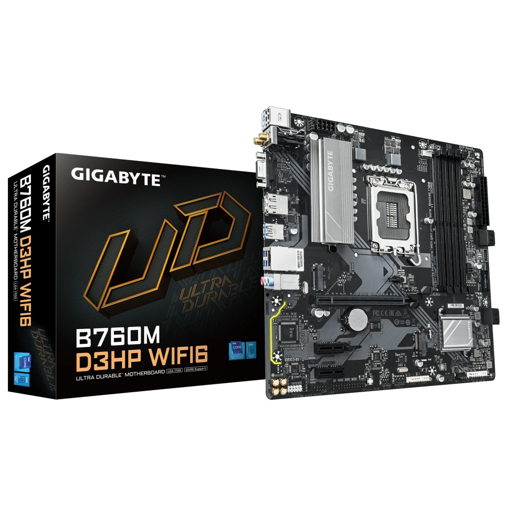 Gigabyte B760M D3HP WIFI6 | Processor family Intel | Processor socket LGA1700 | DDR5 | Supported hard disk drive interfaces M.2, SATA | Number of SATA connectors 4