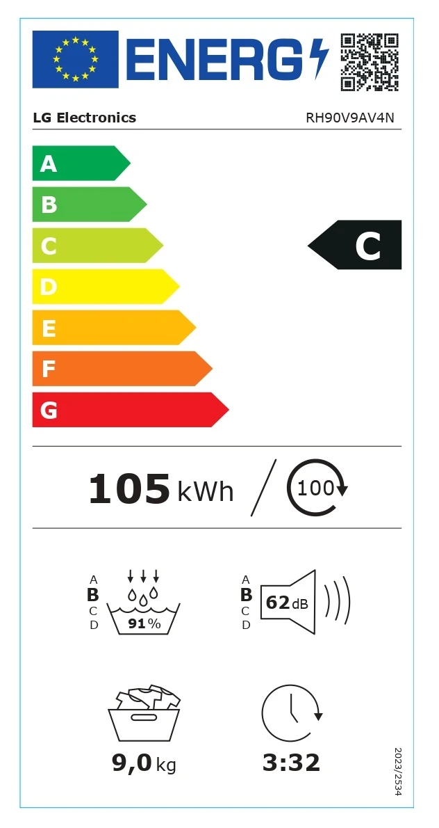 LG Dryer Machine | RH90V9AV4N | Energy efficiency class C | Front loading | 9 kg | LED | Depth 66 cm | Wi-Fi | White