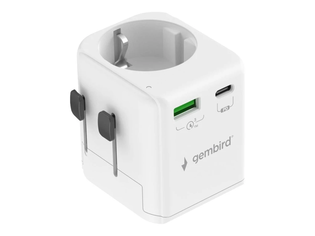 Gembird Grounded universal travel power adapter, 20 W | TPA-EU1A1C20-01-W