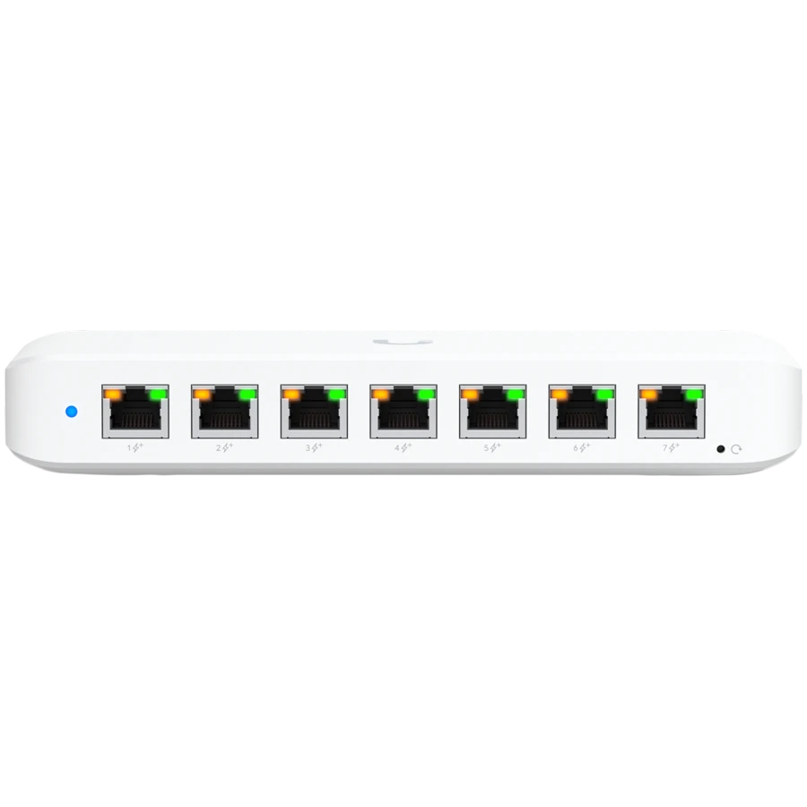 Ubiquiti USW-Ultra-210W-EU compact, Layer 2, 8-port GbE PoE switch with versatile mounting options, 7x GbE PoE+ output ports, GbE port with optional PoE++ input, 202W PoE availability with the included AC power adapter