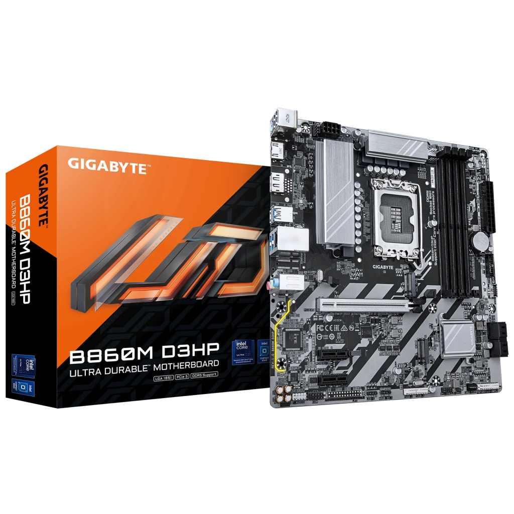 Gigabyte B860M D3HP | Processor family Intel | Processor socket LGA1851 | DDR5 | Supported hard disk drive interfaces M.2, SATA | Number of SATA connectors 4