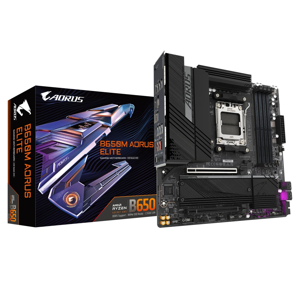 Gigabyte B650M AORUS ELITE (rev. 1.3) | Processor family AMD | Processor socket AM5 | DDR5 | Supported hard disk drive interfaces SATA, M.2 | Number of SATA connectors 4