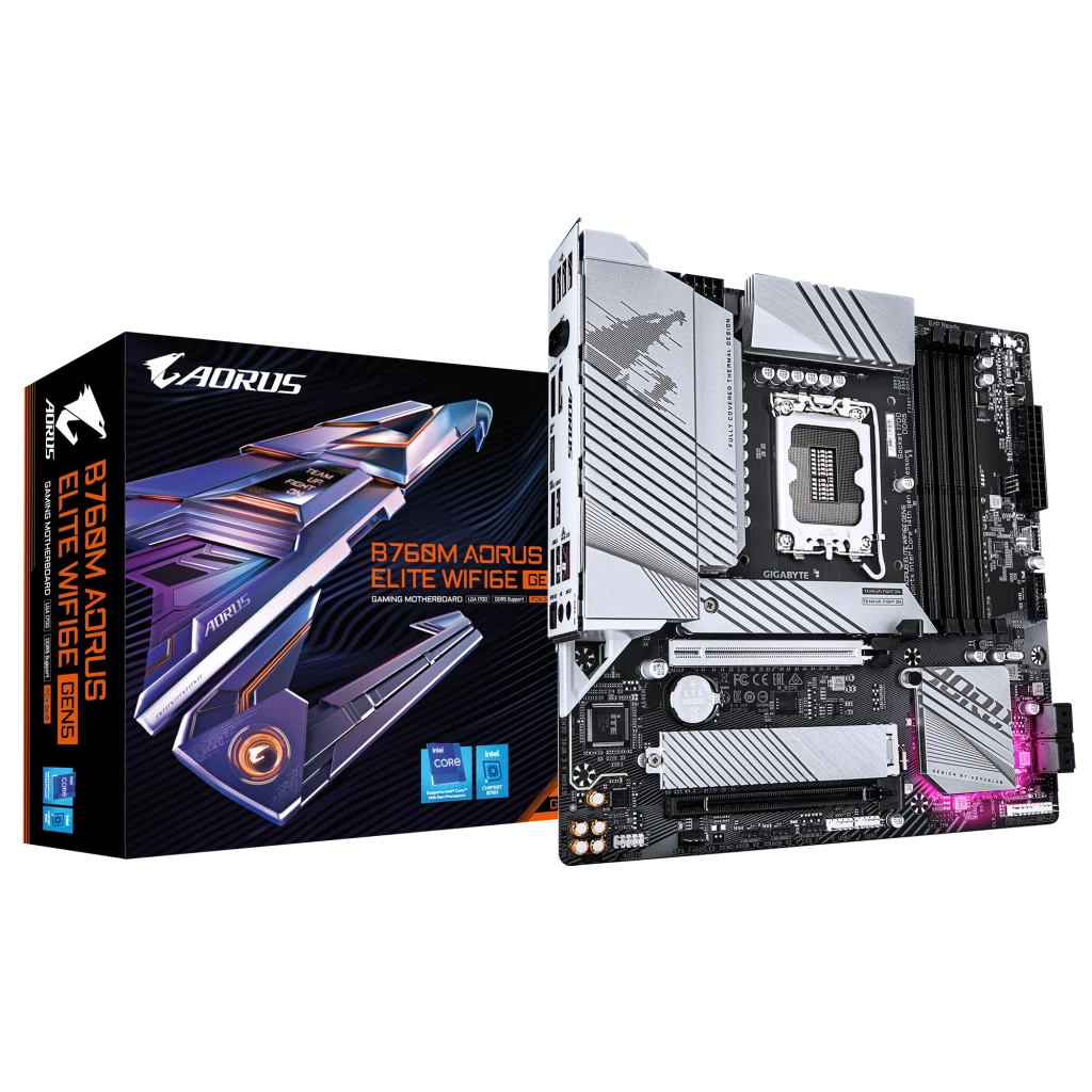 Gigabyte B760M AORUS ELITE WIFI6E GEN5 | Processor family Intel | Processor socket LGA1700 | DDR5 | Supported hard disk drive interfaces M.2, SATA | Number of SATA connectors 4