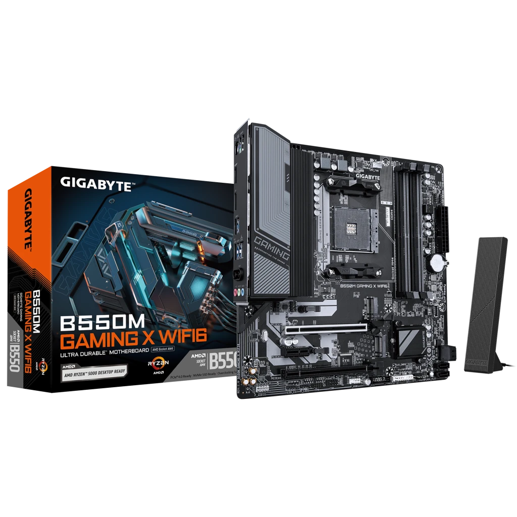 Gigabyte B550M GAMING X WIFI6 | Processor family AMD | Processor socket AM4 | DDR4 DIMM | Supported hard disk drive interfaces SATA, M.2 | Number of SATA connectors 4