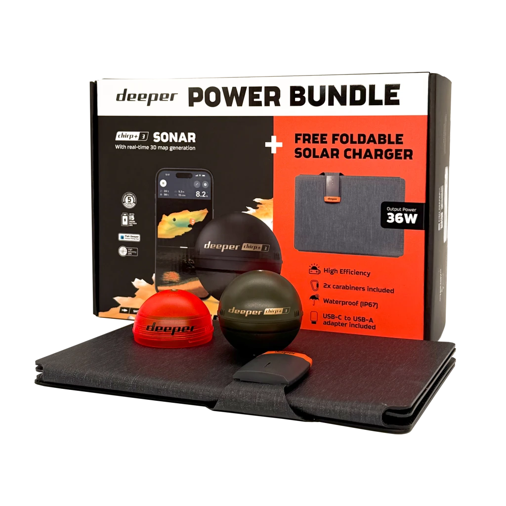 Deeper CHIRP+3 sonar +36W foldable solar charger power bundle