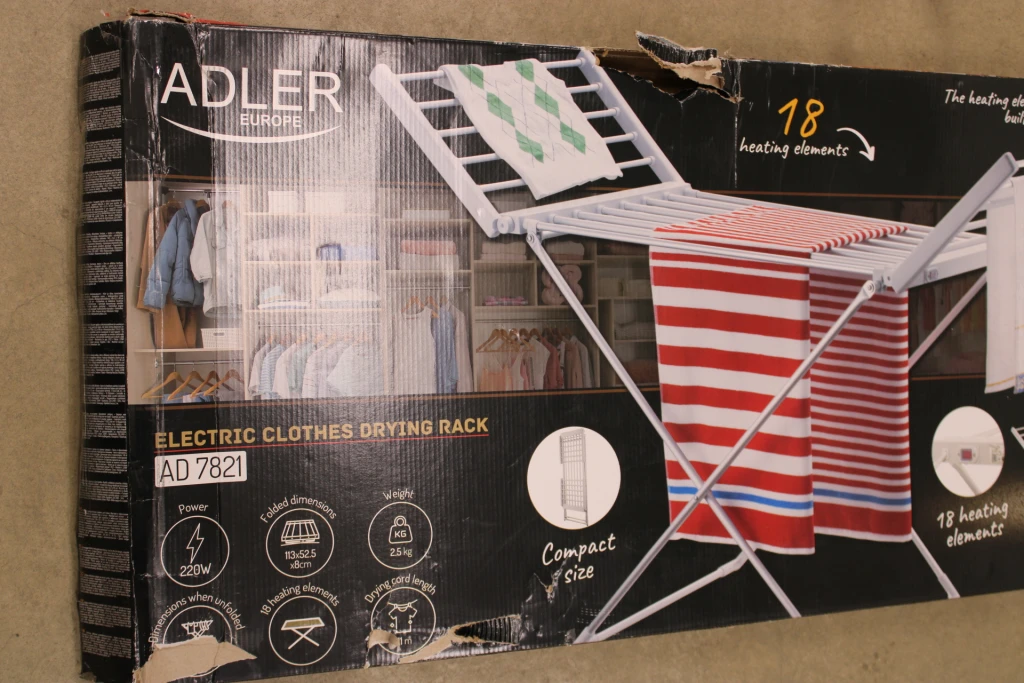 SALE OUT. Adler AD 7821 Foldable electric clothes drying rack, Silver/White | Adler Foldable electric clothes drying rack | AD 7821 | 220 W | Silver/White | DAMAGED PACKAGING, DENT ON FRAME