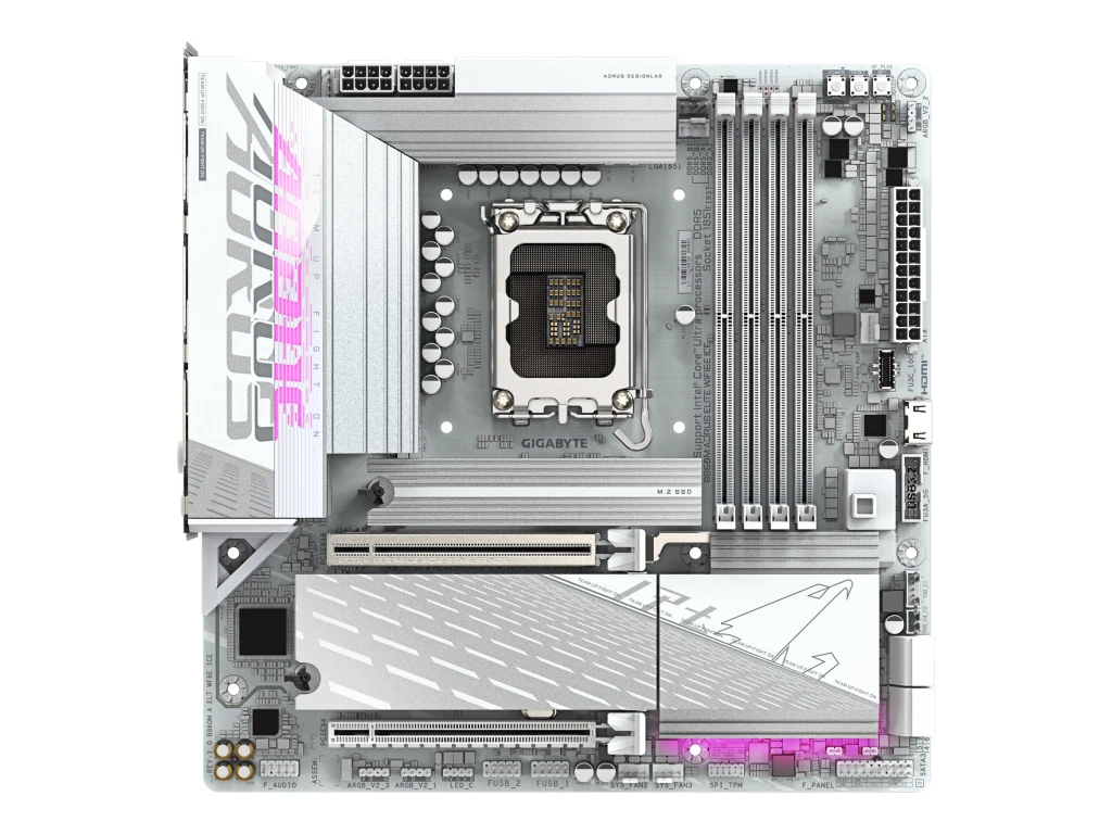 Gigabyte B860M AORUS ELITE WIFI6E ICE | Processor family Intel | Processor socket LGA1851 | DDR5 | Supported hard disk drive interfaces SATA, M.2 | Number of SATA connectors 4
