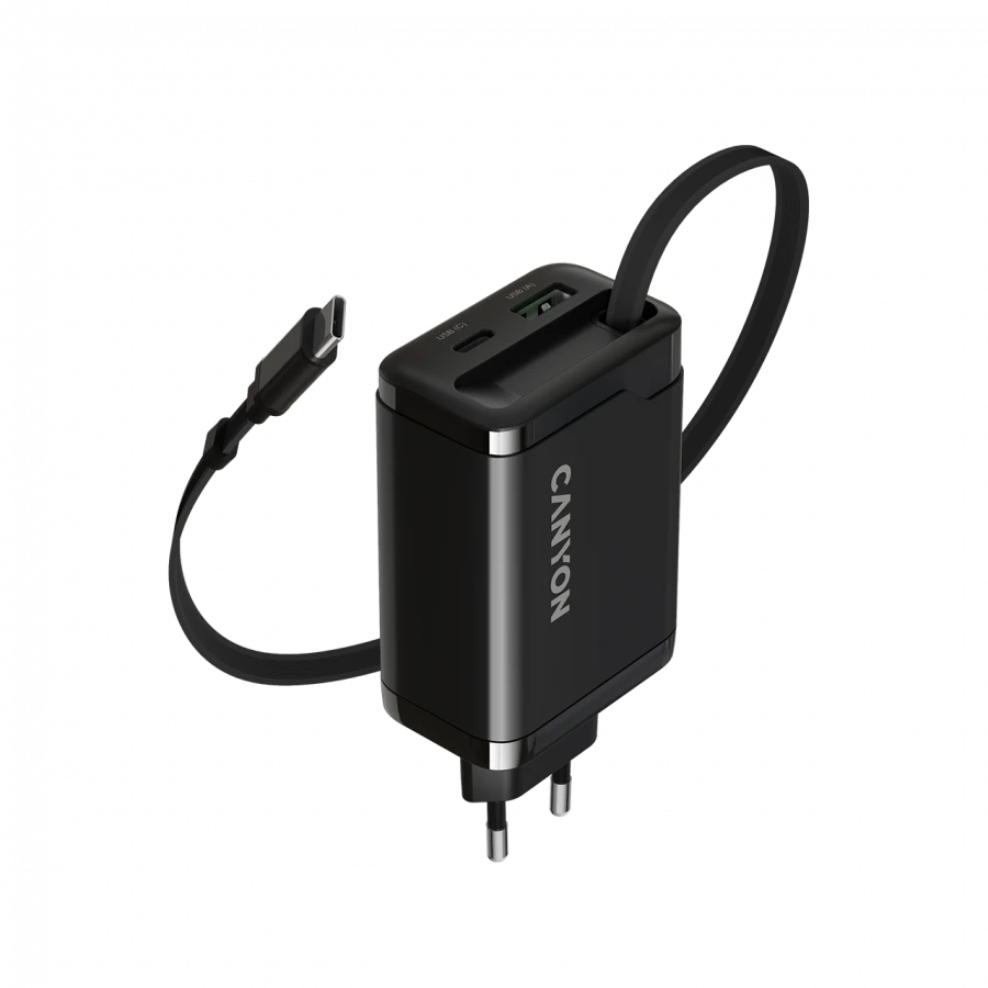 CANYON charger OnCharge 65RC Build-In Cable USB-C 65W 1xPD 1xQC EU Black