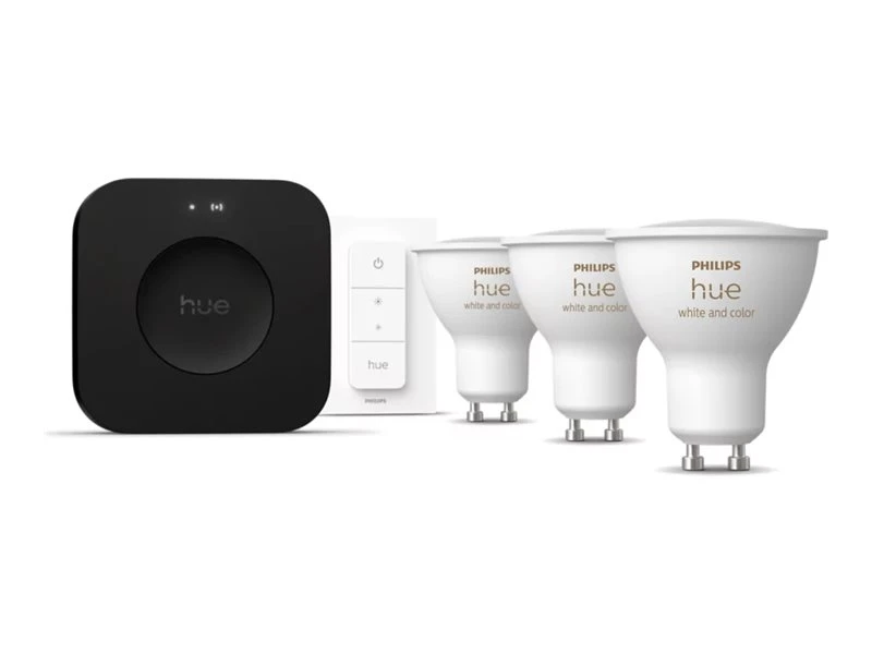 Philips Hue Starter set: 3 GU10 bulbs, dimmer switch, Hue Bridge Pro | GU10 | Zigbee, Wi-Fi, Bluetooth