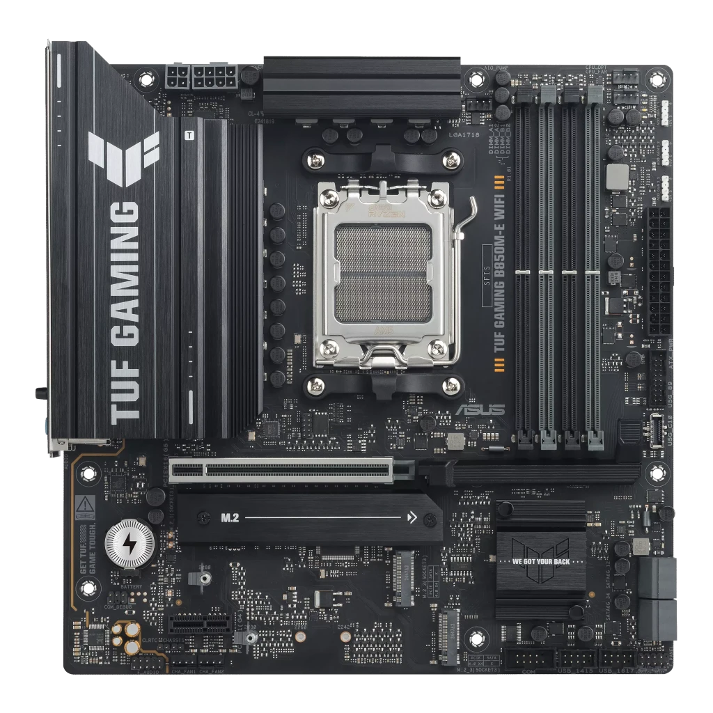 Asus TUF GAMING B850M-E WIFI | Processor family AMD | Processor socket AM5 | DDR5 | Supported hard disk drive interfaces SATA, M.2 | Number of SATA connectors 4