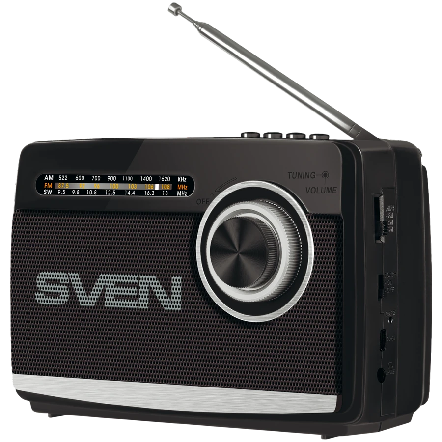 Speaker SVEN SRP-155, black (3W, Bluetooth, FM/AM/SW, USB, microSD, flashlight, battery)