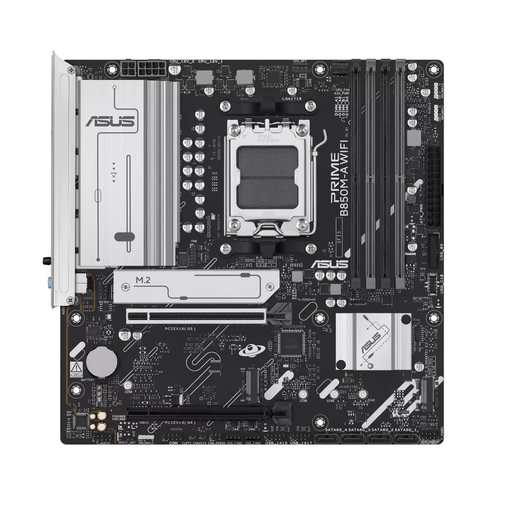 Asus PRIME B850M-A WIFI | Processor family AMD | Processor socket AM5 | DDR5 | Supported hard disk drive interfaces SATA, M.2 | Number of SATA connectors 4