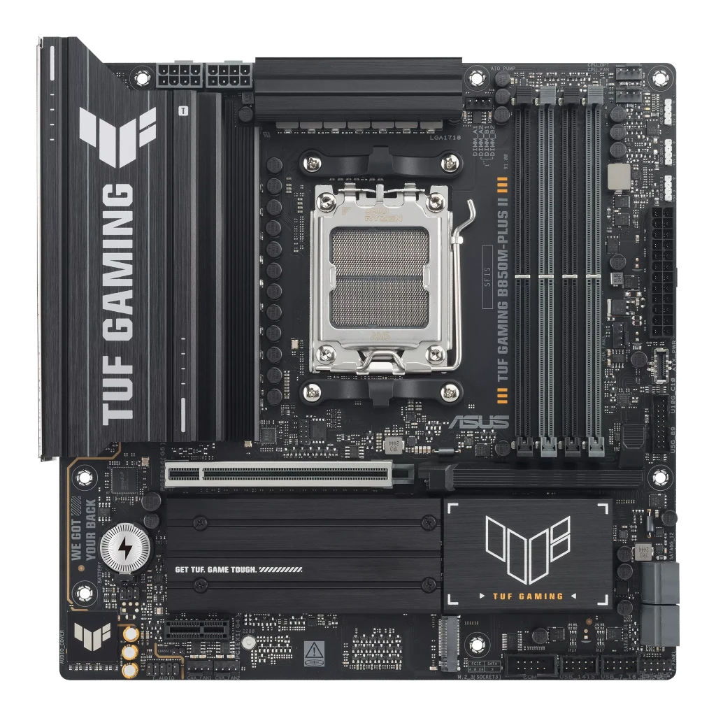 Asus TUF GAMING B850M-PLUS II | Processor family AMD | Processor socket AM5 | DDR5 | Supported hard disk drive interfaces SATA, M.2 | Number of SATA connectors 4