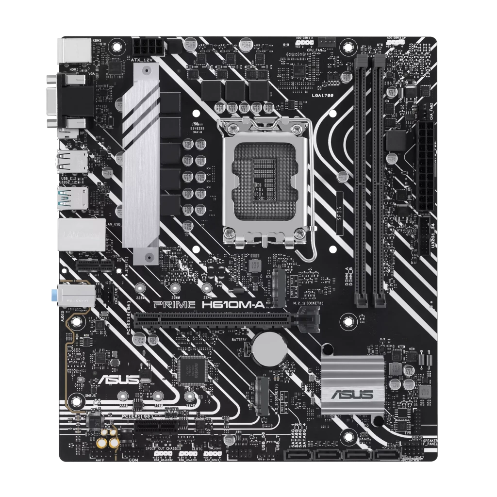 Asus PRIME H610M-A R2.0 | Processor family Intel | Processor socket LGA1700 | Supported hard disk drive interfaces M.2, SATA | Number of SATA connectors 4