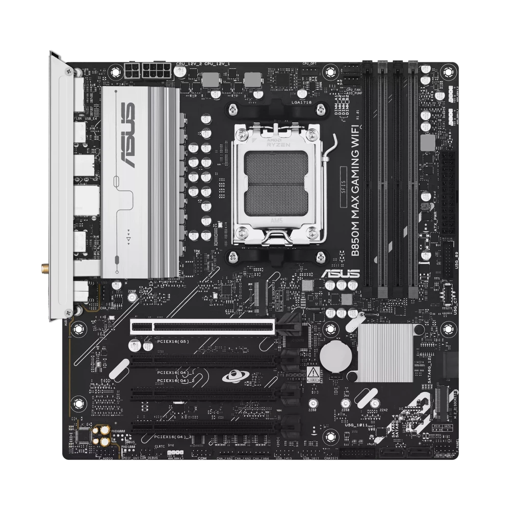 Asus B850M MAX GAMING WIFI | Processor family AMD | Processor socket AM5 | DDR5 | Supported hard disk drive interfaces SATA, M.2 | Number of SATA connectors 4