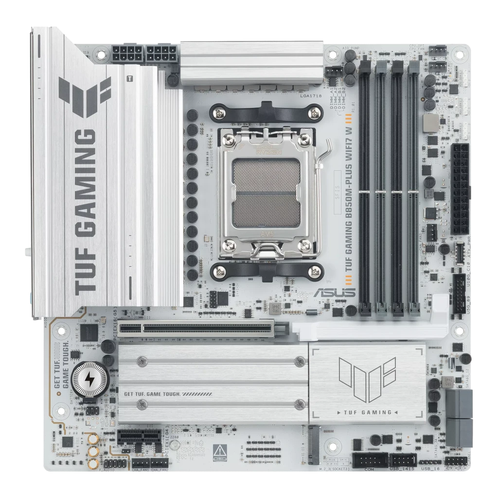 Asus TUF GAMING B850M-PLUS WIFI7 W | Processor family AMD | Processor socket AM5 | DDR5 | Supported hard disk drive interfaces SATA, M.2 | Number of SATA connectors 4