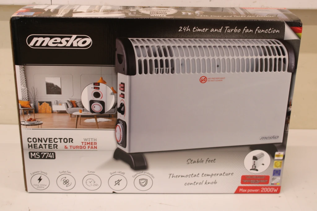 SALE OUT. Mesko MS 7741w Convector Heater with Timer and Turbo Fan, 3 Heating Powers: 750W-1250W-2000W, Grey | Mesko Convector Heater with Timer and Turbo Fan | MS 7741w | Convection Heater | 2000 W | Number of power levels 3 | White | DAMAGED PACKAGING, SCRATCHED ON FRONT