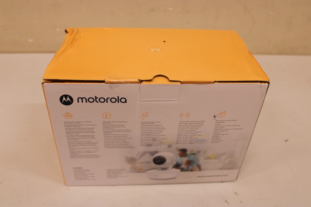 SALE OUT. Motorola VM55 5.0" Portable Video Baby Monitor with Flexible Crib Mount, White | Motorola Portable Video Baby Monitor with Flexible Crib Mount | VM55 5.0" | 5" LCD colour display with 480 x 272px resolution; 5 preloaded lullabies; Remote pan, tilt and zoom; Two-way talk; Room temperature monitoring; Infrared night vision; LED sound level 