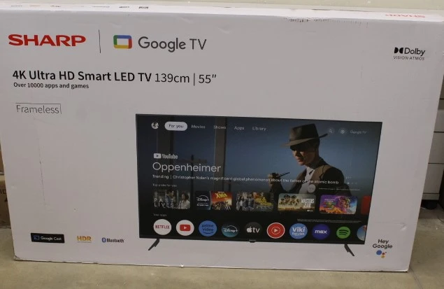 SALE OUT. Sharp 55GL4060E 55" (139cm) 4K Ultra HD Smart Google Frameless TV, Dolby Vision, Dolby Atmos, Google Assistant | Sharp HT-SBW110 2.1 Slim Soundbar | 55 | Smart TV | 4k Ultra HD | Black | UNPACKED, SCRATCHED ON BEZEL | Bluetooth