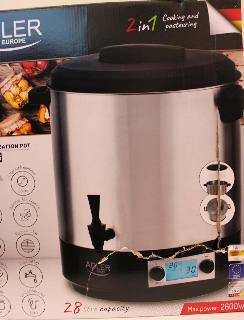 SALE OUT. Adler Electric pot/Cooker | AD 4496 | 2600 W | 28 L | Stainless steel/Black | DAMAGED PACKAGING, SMALL BEND ON THE SIDE FROM THE INSIDE