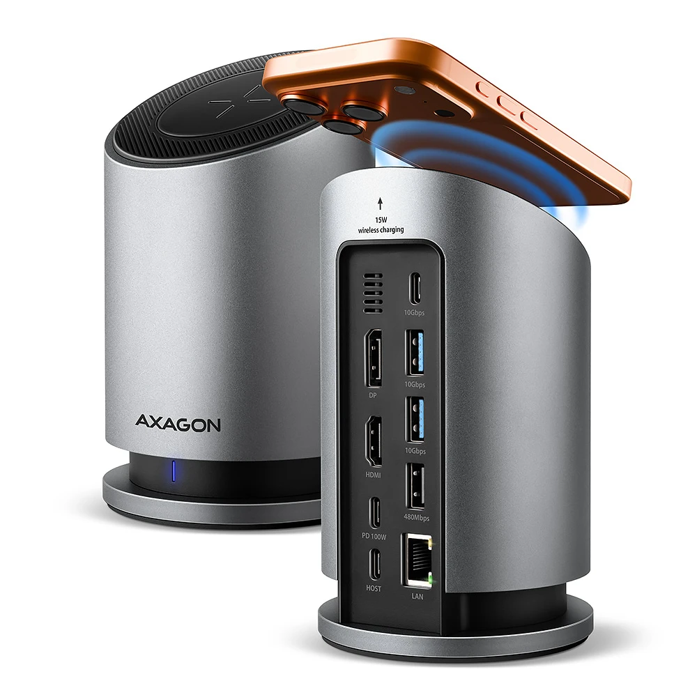 AXAGON USB-C 10Gbps Wireless Charging 9in1 hub | HMC-WL9