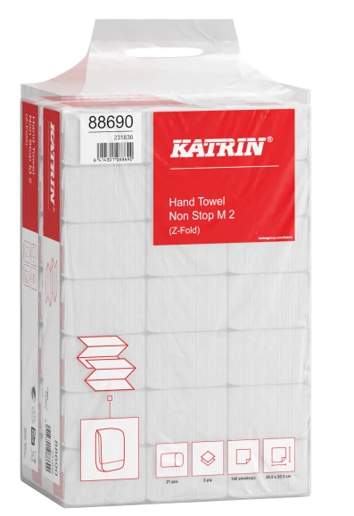 Lehtkäterätik KATRIN M2 Non Stop, valge,  20,3 x 25,5 cm, 2-kihiline, 140 tk, hulgipakend, 21tk/pakk